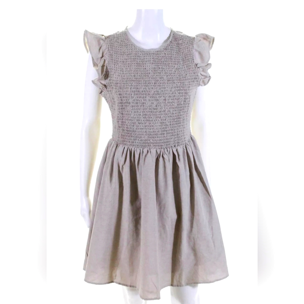 ENGLISH FACTORY Womens Smocked Ruffle Sleeve Sheath Dress Beige Size Medium